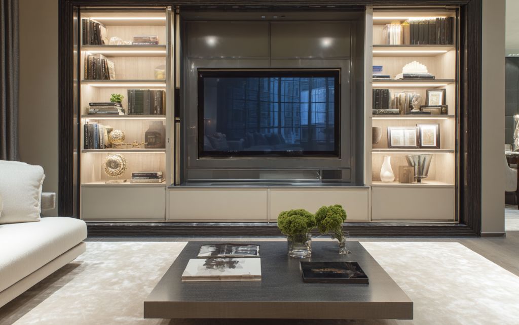 Television wall unit with retractable screen solution in luxury interior