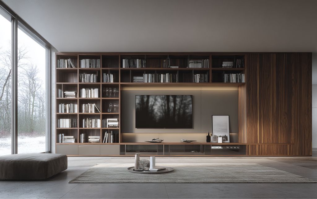 Contemporary wall storage unit with integrated media solutions and sophisticated design