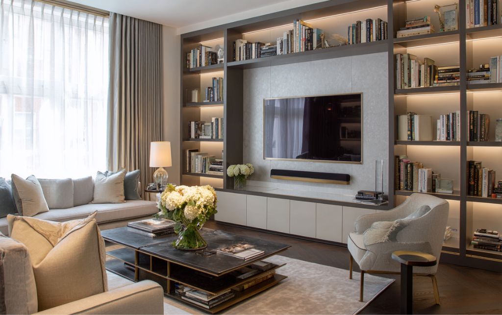 Modern luxury wall unit featuring integrated storage and display in sophisticated London interior