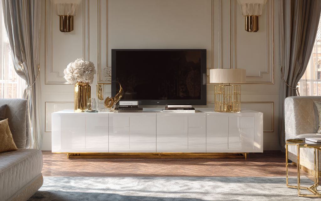 White TV cabinet styled in luxury living space with metallic accents and curated accessories