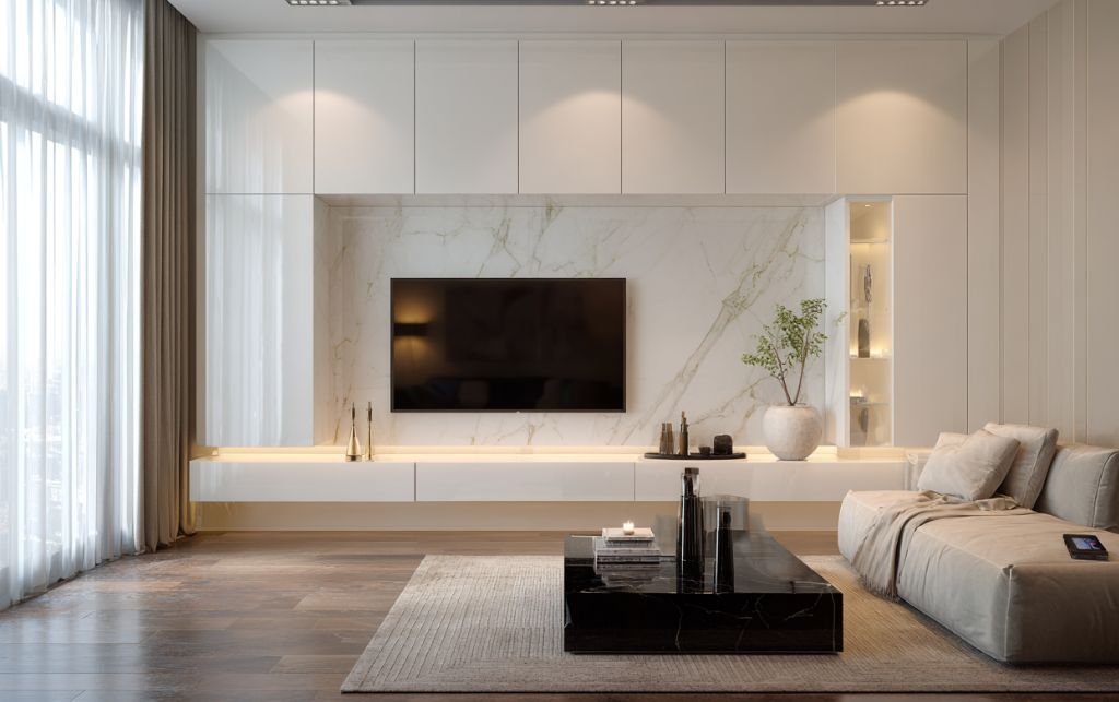 White TV cabinet showing technical features including ventilation and cable management systems