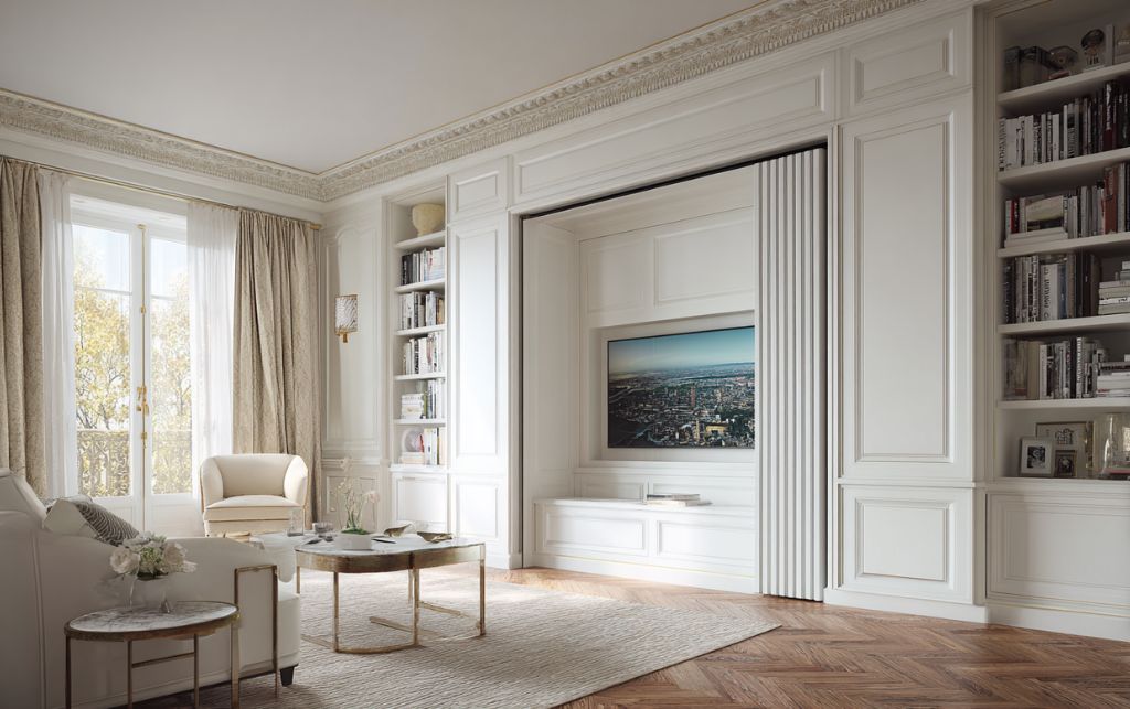 White TV cabinet with concealed sliding panels hiding television for absolute discretion