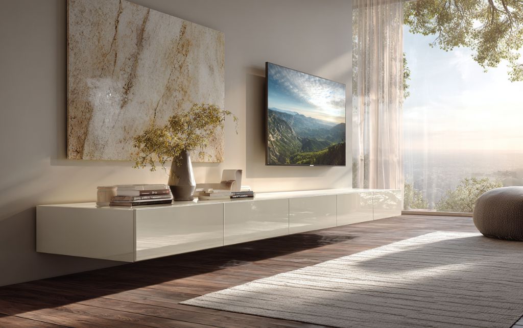 Floating white TV cabinet mounted on wall creating weightless sculptural appearance