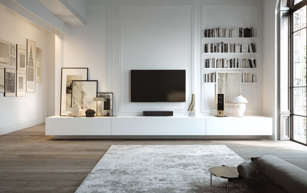 Low-profile white console TV cabinet with curated decorative objects and horizontal emphasis