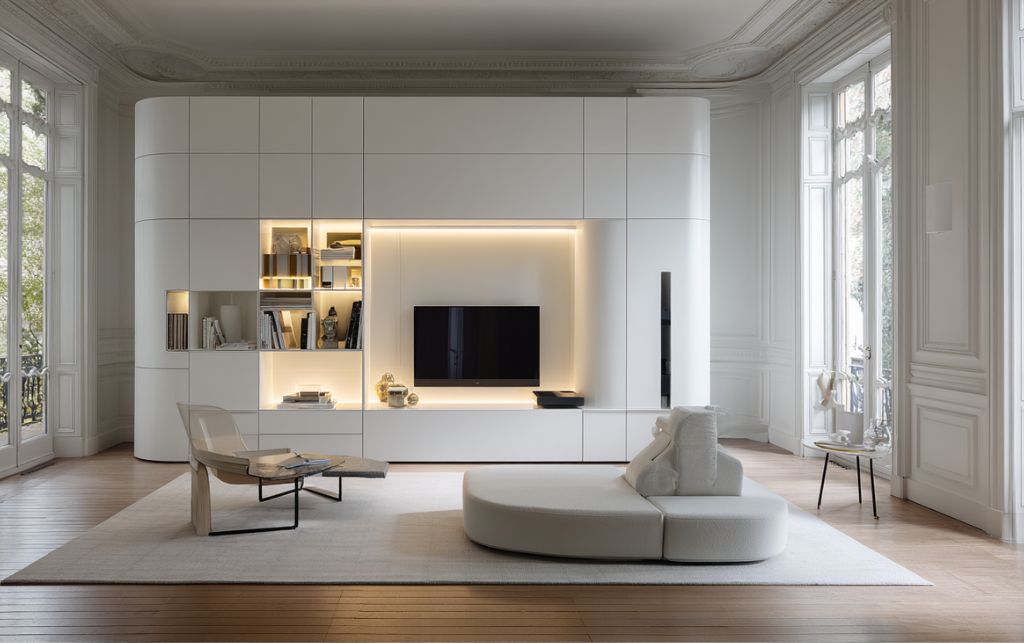 Modular white TV cabinet system with adaptable multiple components and flexible configuration