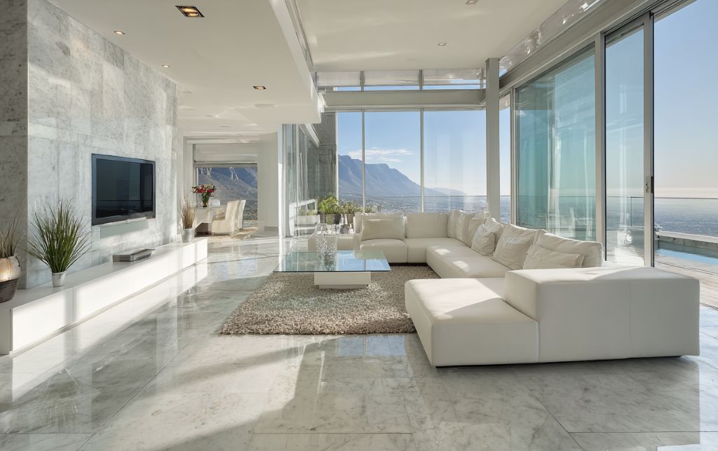 White TV cabinet in modern luxury interior demonstrating light amplification and spatial expansion