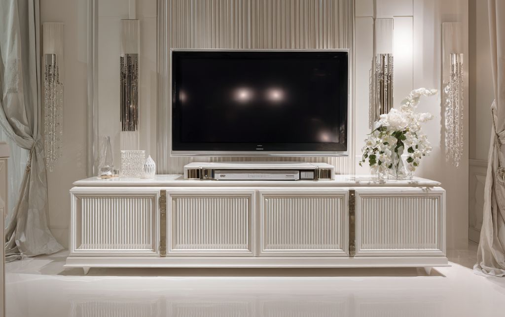 Substantial white credenza TV cabinet with elegant detailing and high-gloss lacquer finish