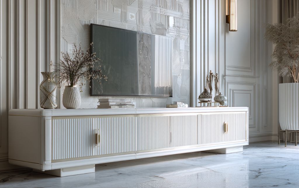 White TV cabinet with fluted or textured surface details creating shadow play and depth