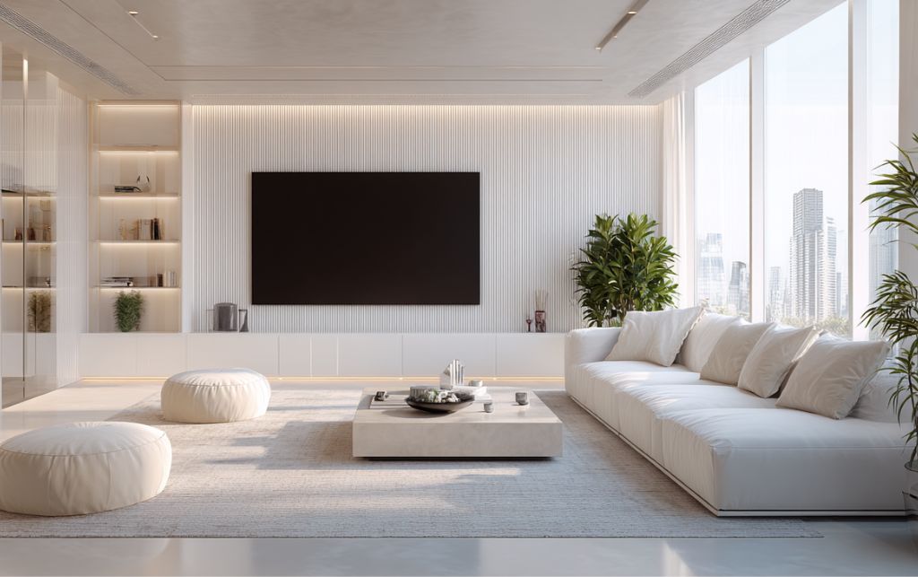 White TV cabinet design trends in luxury interior with natural light and minimalist aesthetic