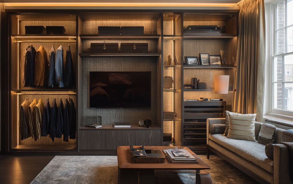 Custom-crafted hidden TV cabinet with integrated wardrobe storage in master bedroom