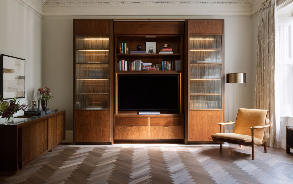 Luxury hidden TV cabinet with integrated storage in refined London interior