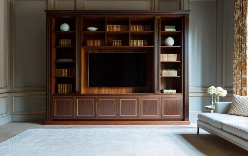 Refined drawing room featuring concealed television cabinet within bespoke mahogany joinery