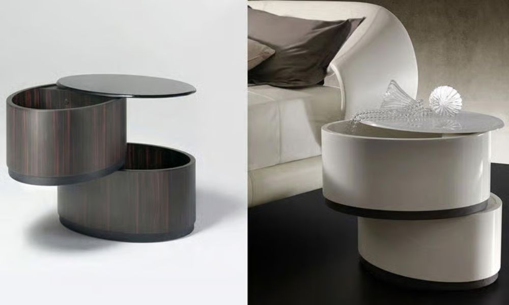 Giulietta-Romeo Bedside Table by Reflex Angelo featuring painted glass top and glossy lacquered wood with curved silhouette