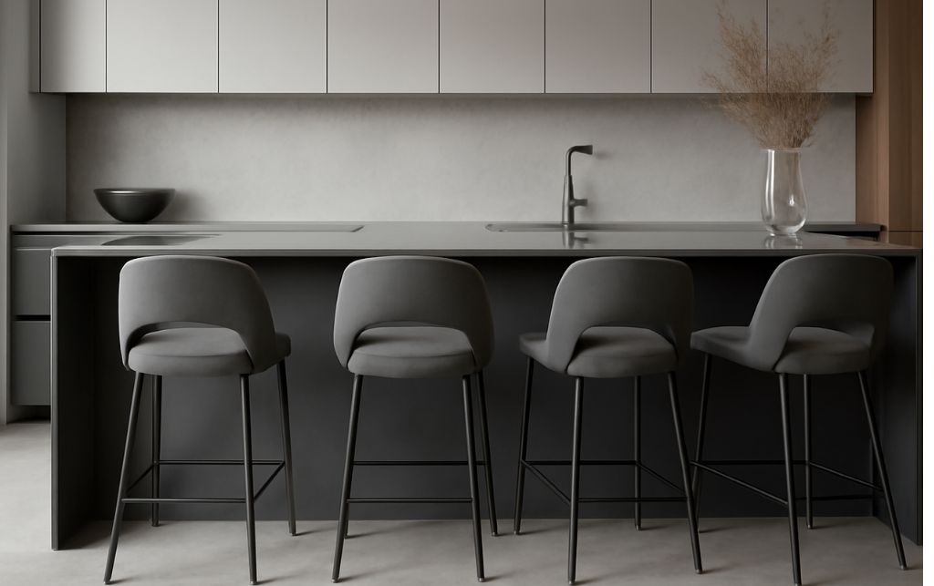 Modern kitchen island featuring designer grey bar stools in contemporary London home
