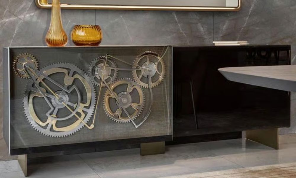 Big Ben Buffet Sideboard by Reflex Angelo featuring gear door mechanism with brass mesh detailing