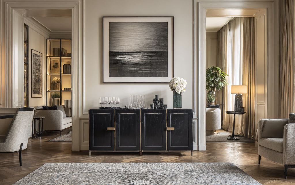 Handcrafted small black sideboard showcasing artisanal craftsmanship in elegant luxury interior setting