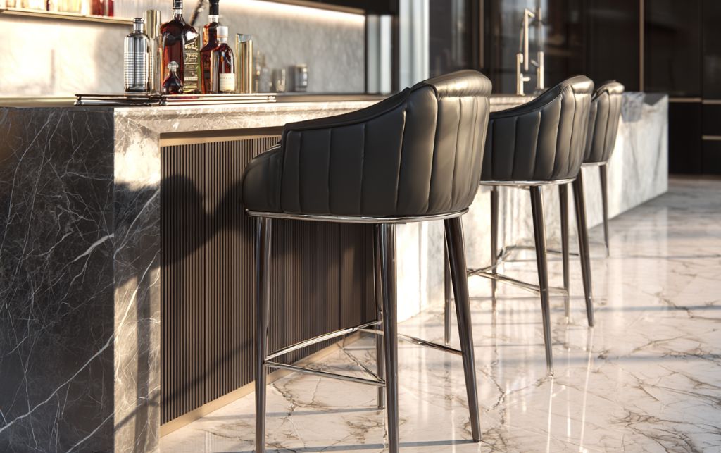 Collection of Italian luxury bar stools in modern interior setting