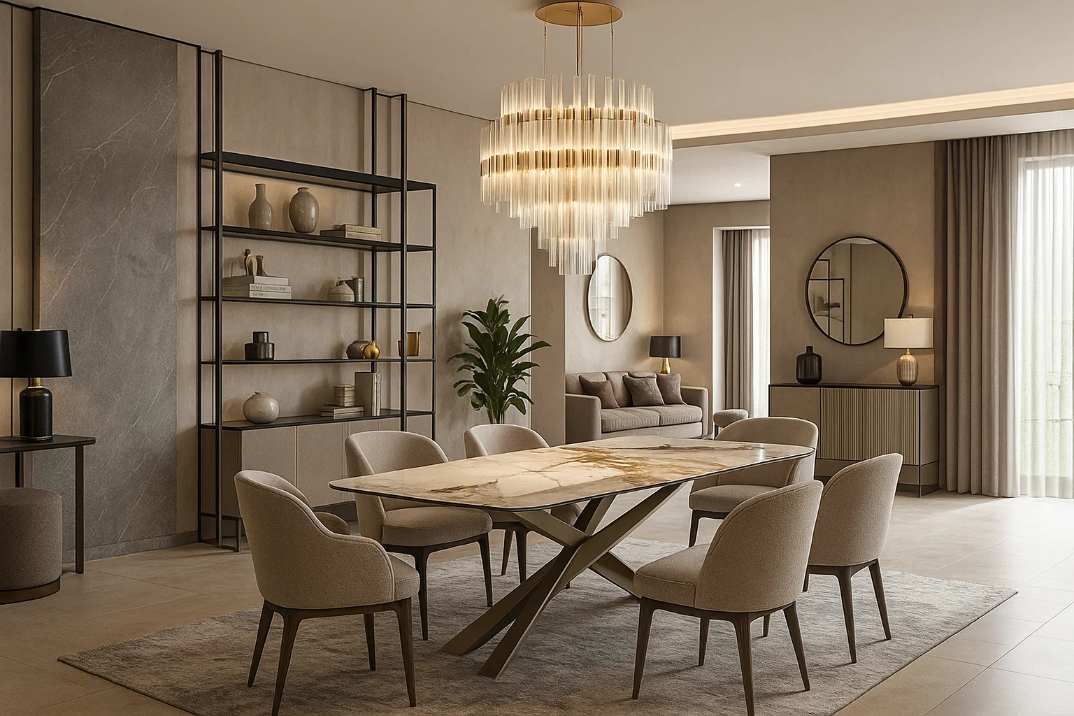 Sora AI-generated luxury open-plan dining room with realistic proportions and exquisite lighting