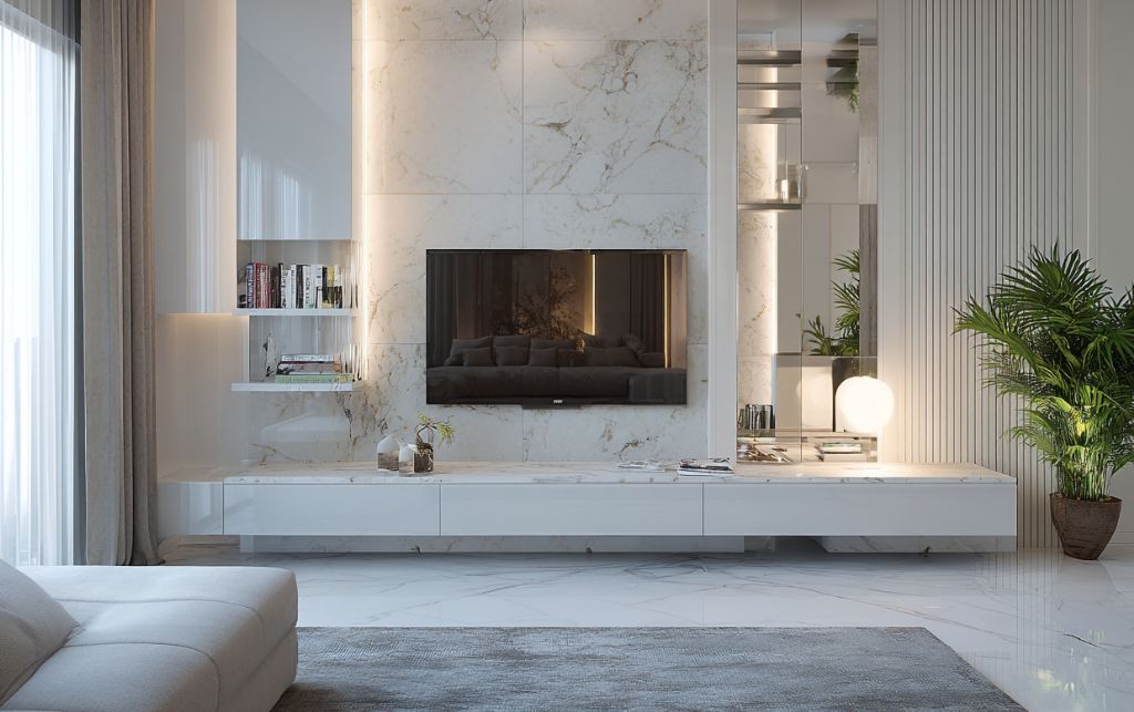White gloss TV unit showcasing light reflection and design benefits