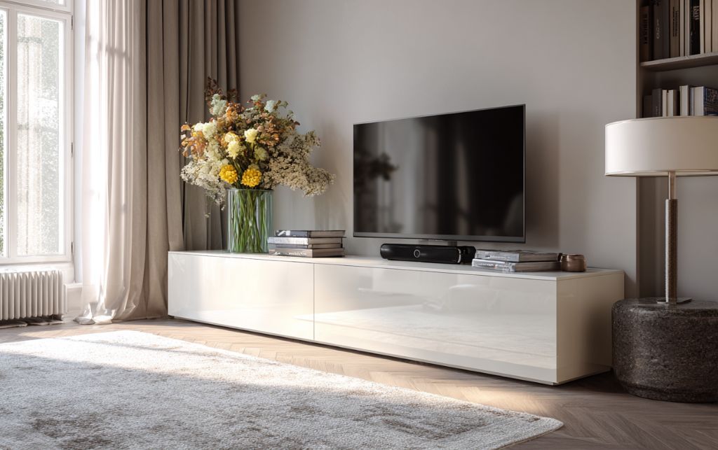 Professional interior design recommendations for white gloss TV unit selection