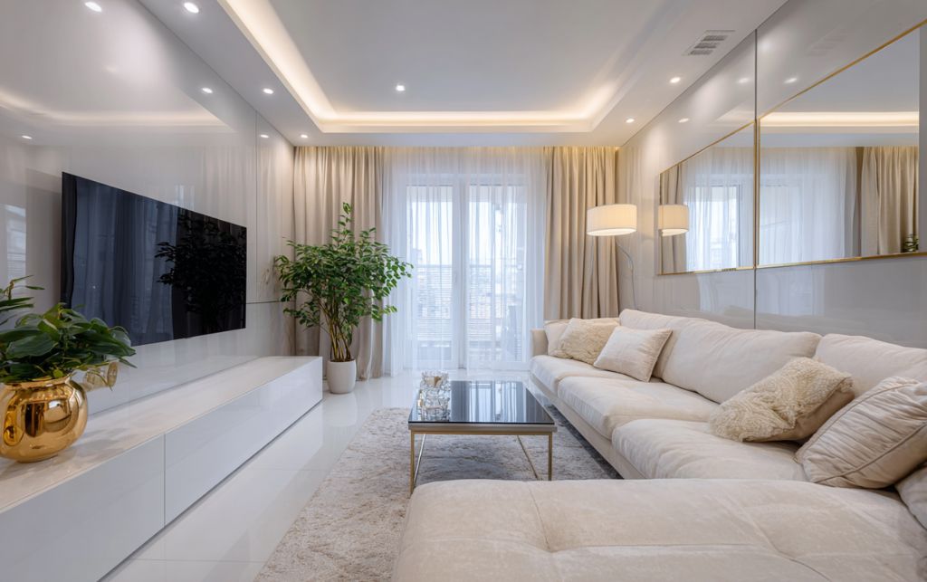 White gloss TV unit as focal point in luxury London interior design