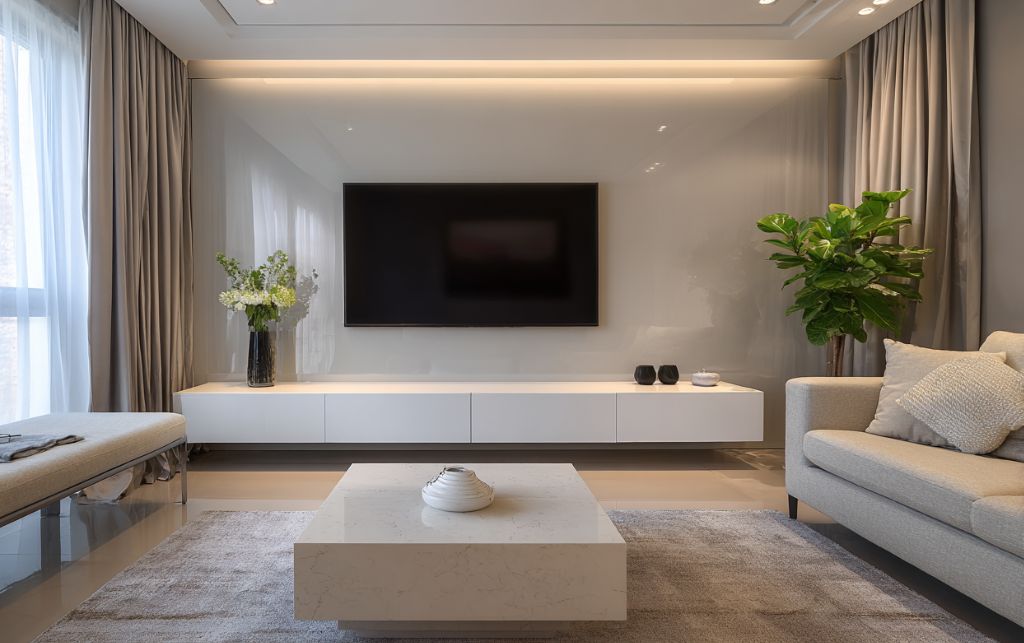 White gloss TV unit in modern London living room showcasing contemporary design
