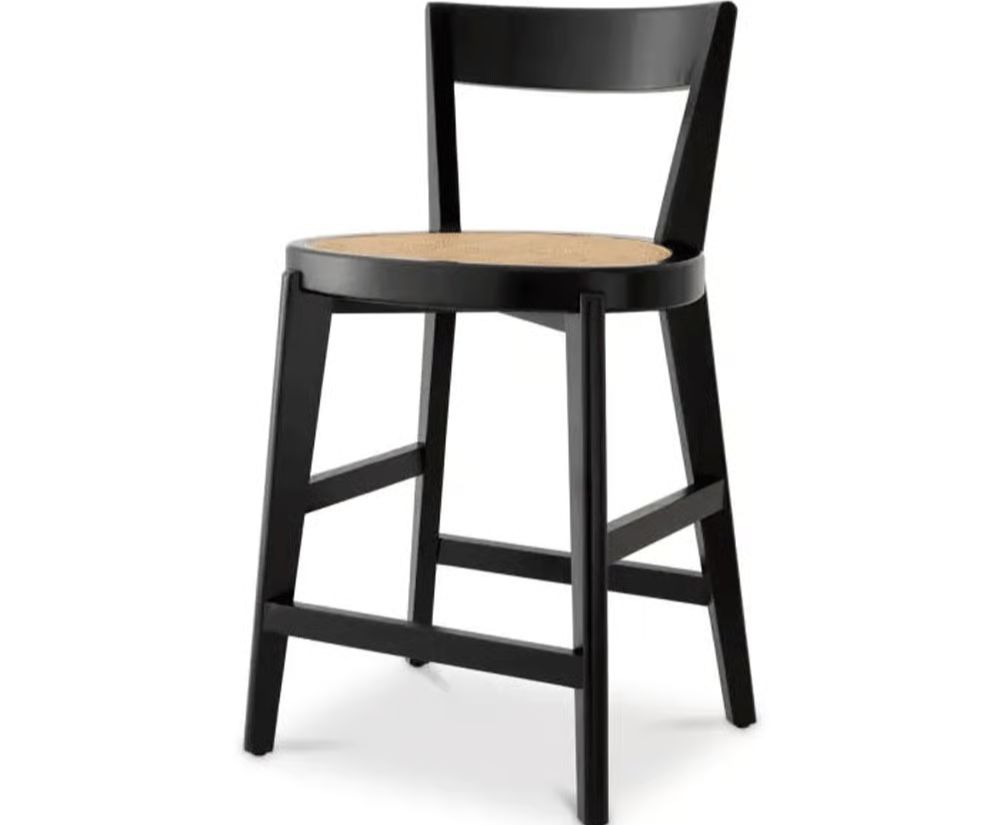 Alvea Counter Bar Stool by Eichholtz featuring exquisite rattan cane webbing with classic black finish and artisanal craftsmanship