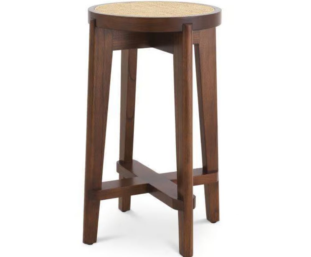 Dareau Classic Brown Bar Stool by Eichholtz featuring solid mindi wood construction with handwoven rattan cane seat and X-shaped cross connection
