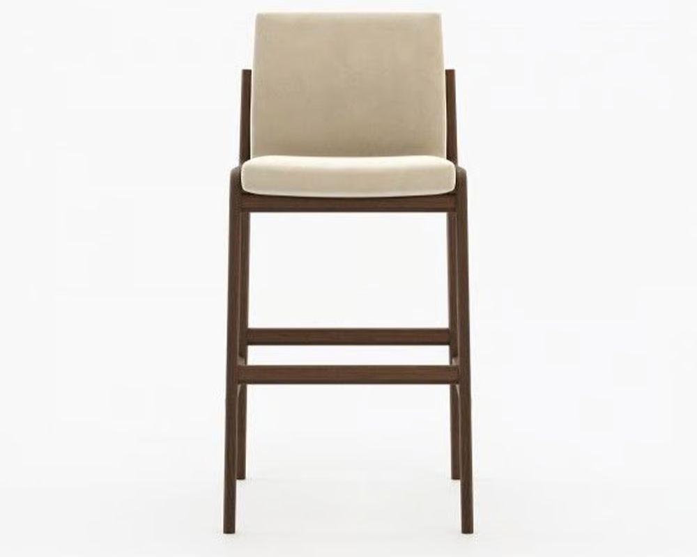 Jayne Bar Stool by Laskasas featuring plush upholstered seat with curved backrest inspired by Douro Valley Portuguese craftsmanship