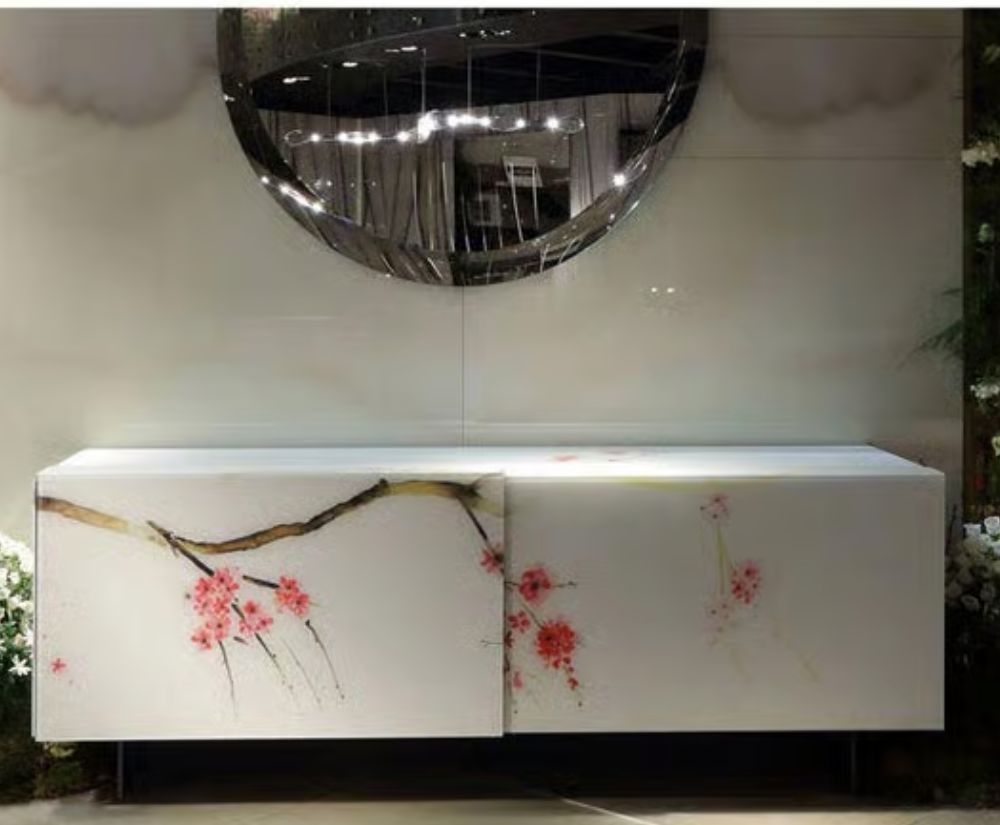 Hanami Buffet Sideboard by Reflex Angelo featuring white etched glass facade with decorative art printing and sliding doors