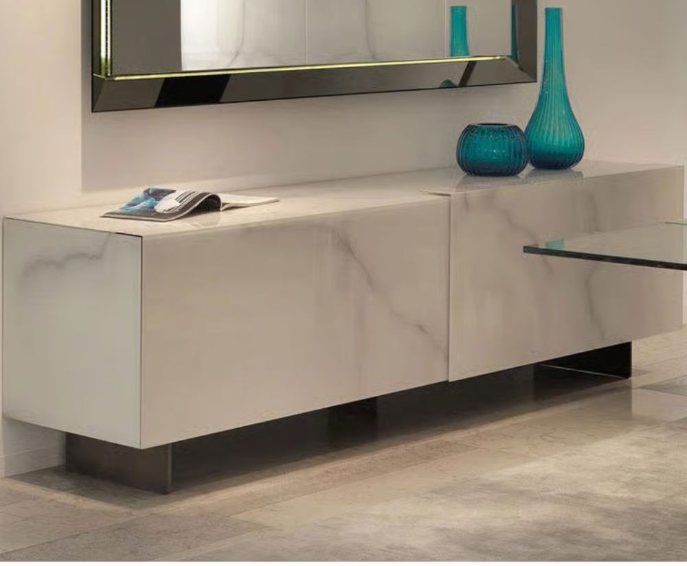 Mirage Buffet Sideboard by Reflex Angelo featuring white painted glass surfaces with sliding doors and transparent legs