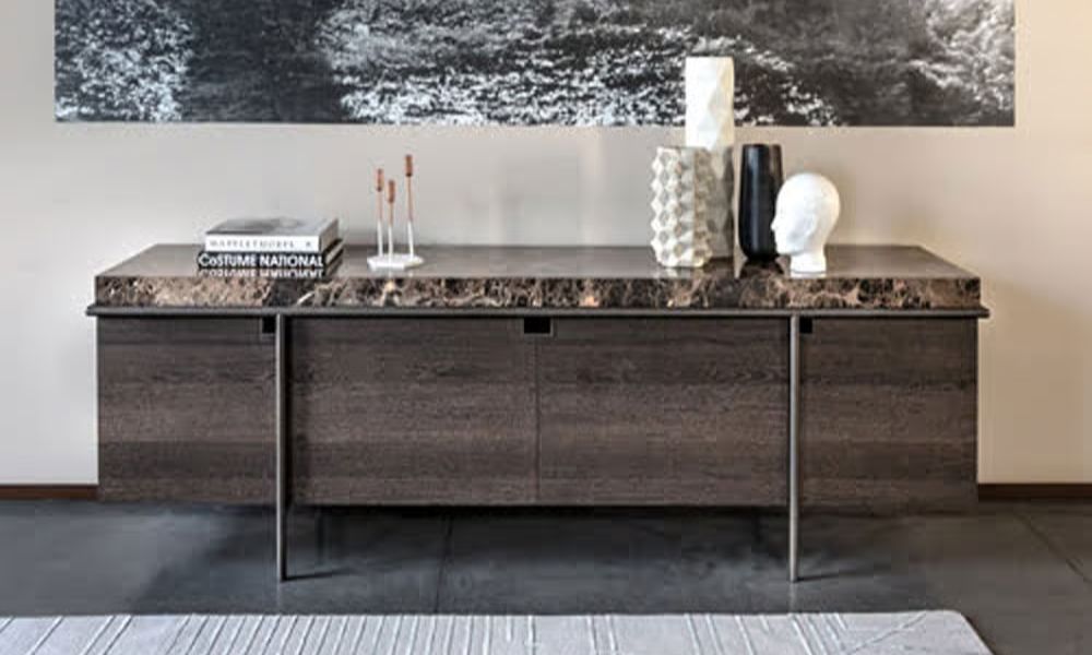 Aura Sideboard by Arketipo featuring oak base with dramatic marble or glass top and metal tube detailing