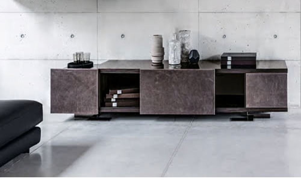 Endor Sideboard by Arketipo featuring oak structure with Leonardo leather doors and open shelving system