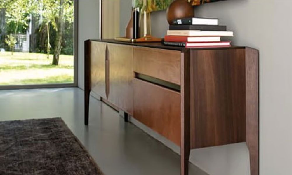 Glory Sideboard by Arketipo in moka oak with precision metal accents and optional leather upholstery