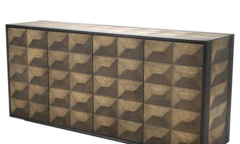 Gregorio Sideboard by Eichholtz featuring exquisite two-tone oak marquetry with 3D geometric trompe-l'oeil pattern