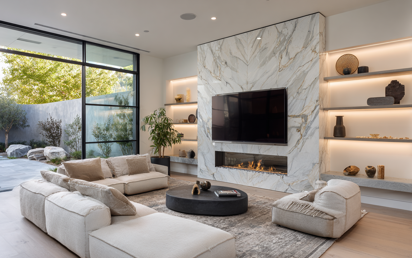 white marble tv unit with fireplace