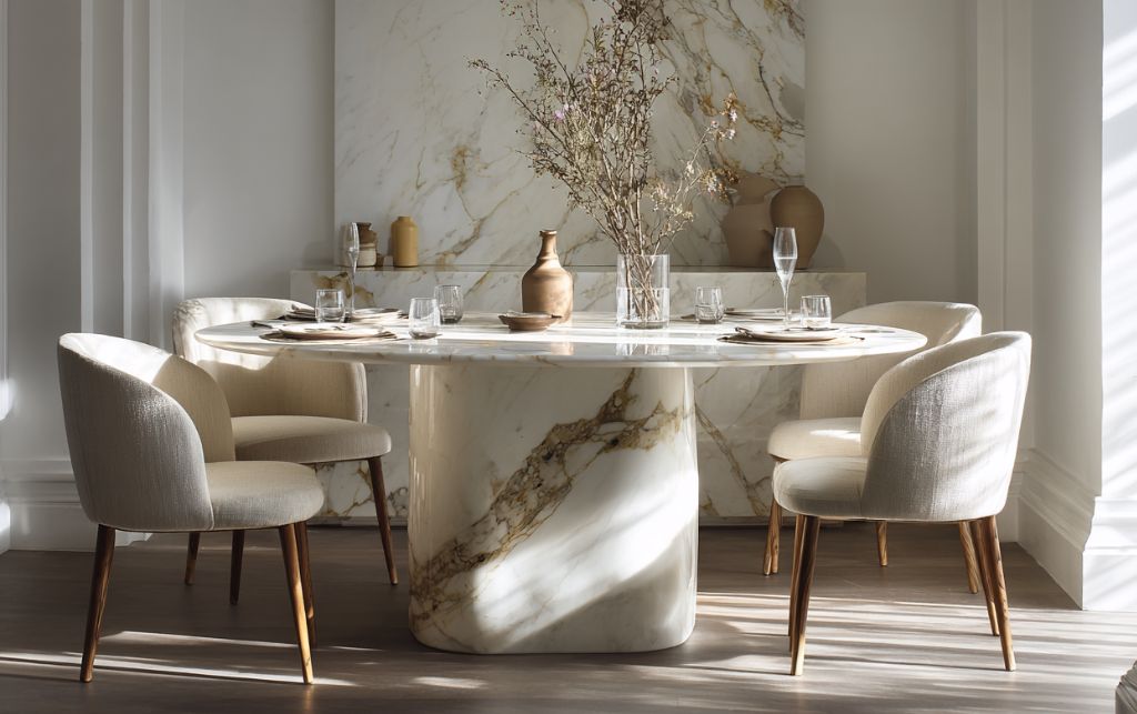 modern white marble dining table and white chairs