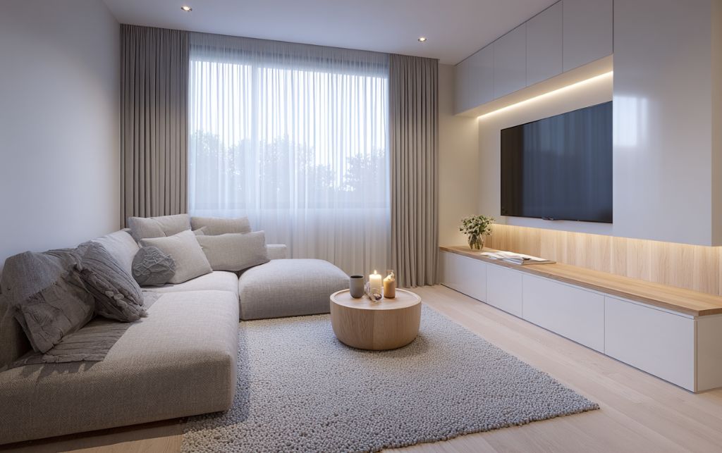 Modern White Corner Tv unit complementing with Sofa