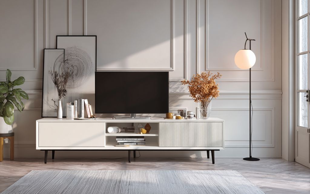 Stylish White Corner TV Unit with tall floor lamp