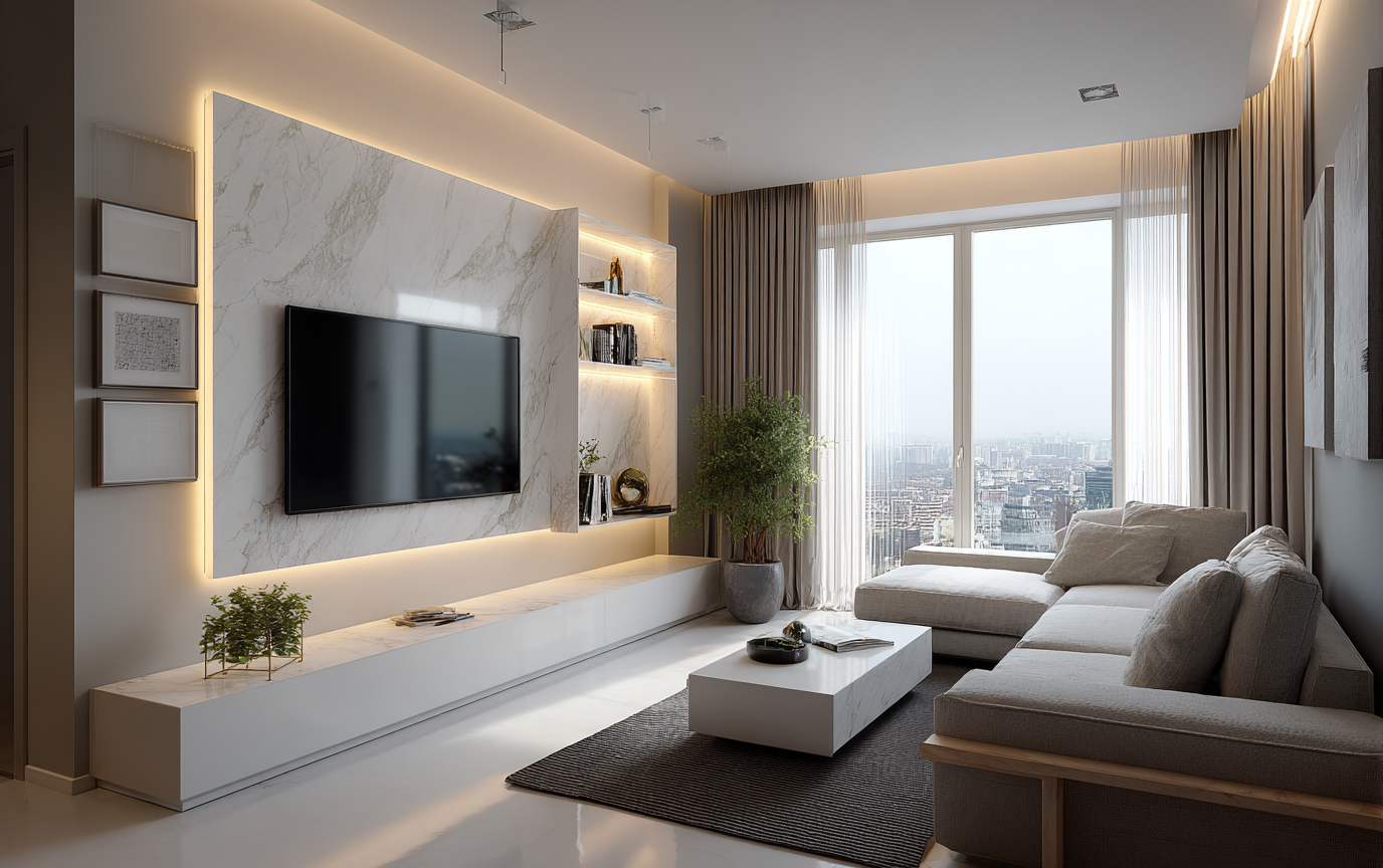 Styled white TV unit with decorative accessories