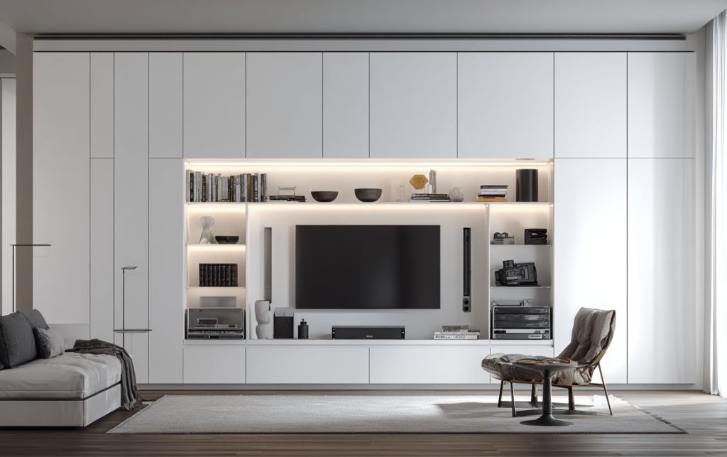 White TV unit with organized storage solutions