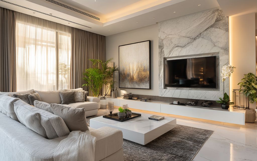 White TV unit in modern living room interior
