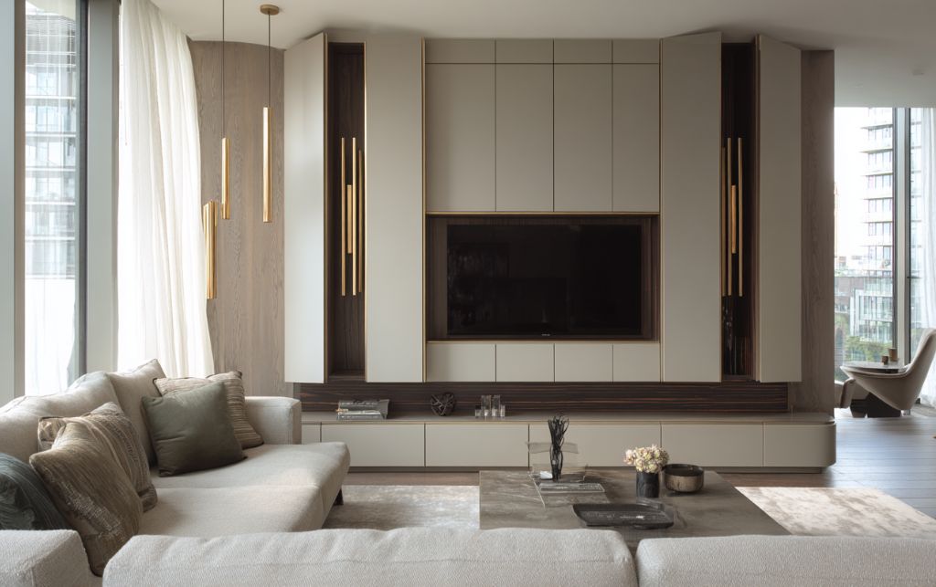 Modern corner TV unit showcasing clean lines and balanced proportions