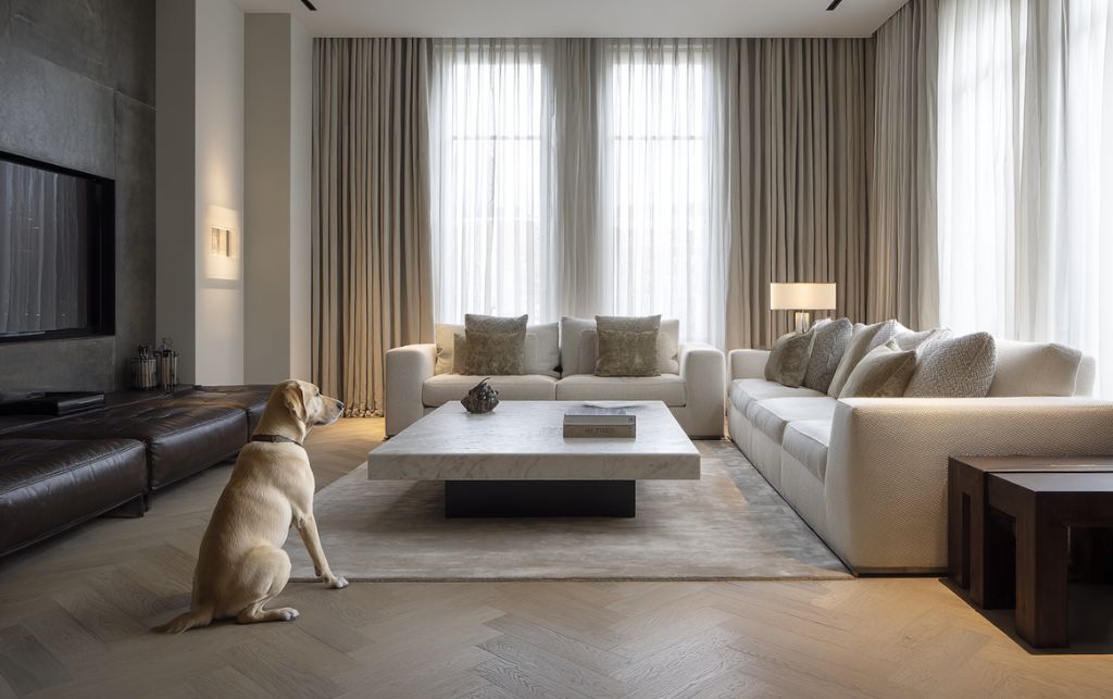 Beautifully appointed living room with pet-friendly luxury sofa