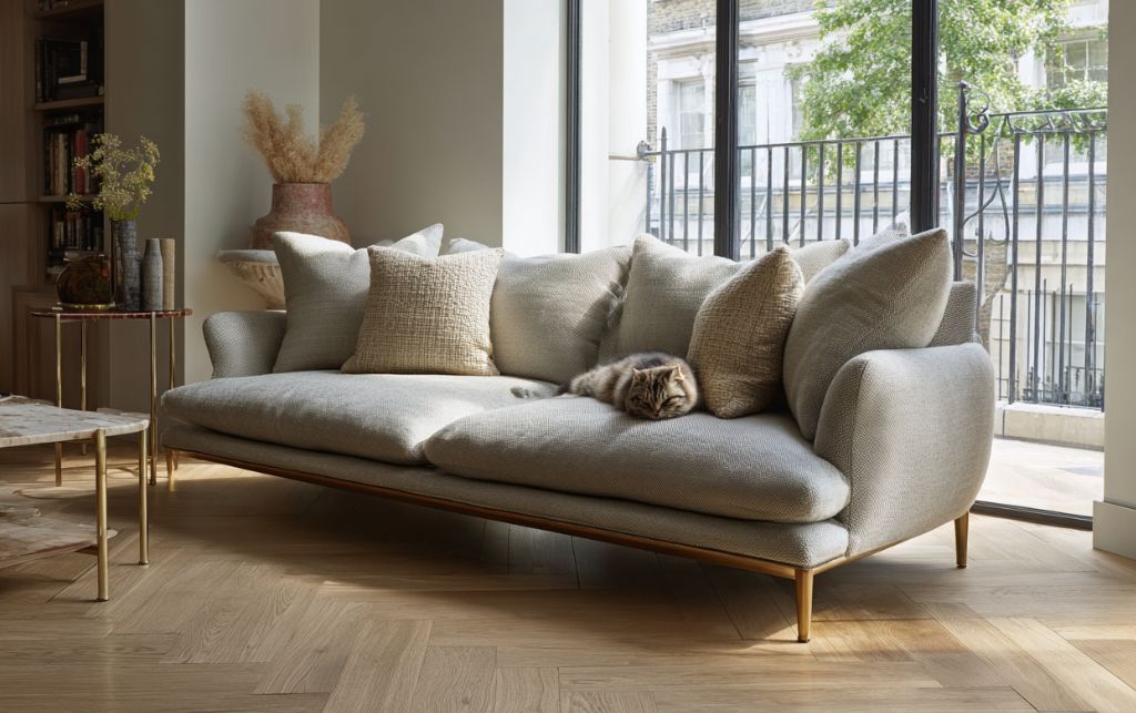 Fabric sofa showcasing durability and comfort for pet owners