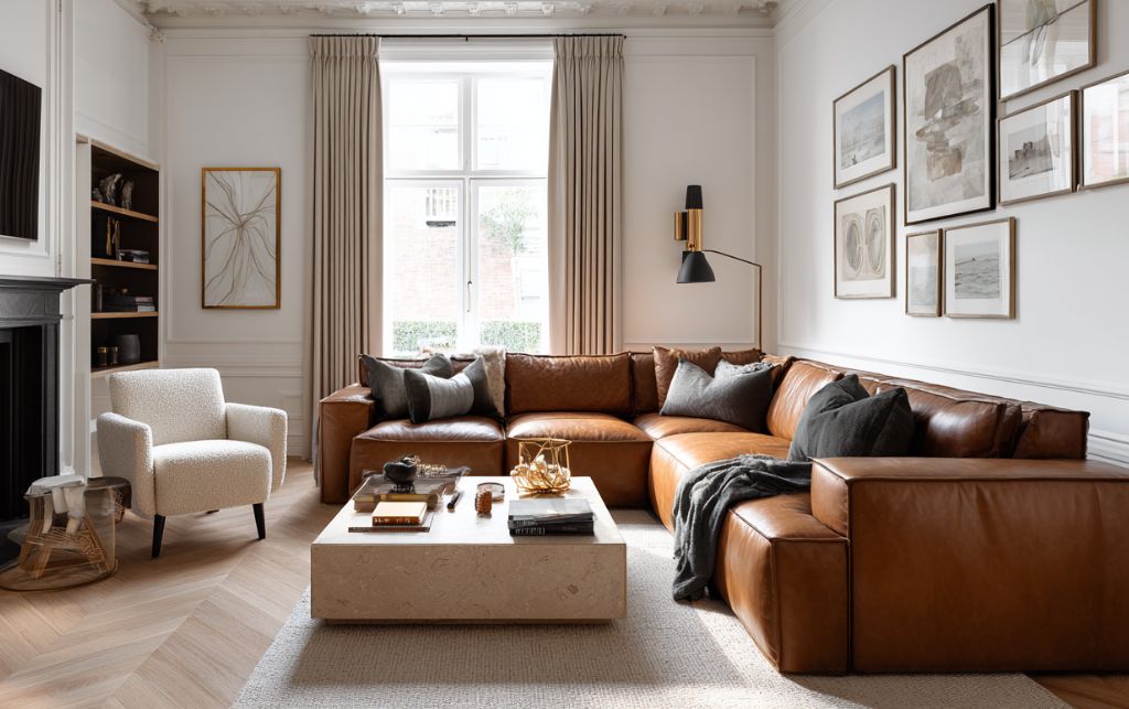 Luxury leather sofa in pet-friendly living space