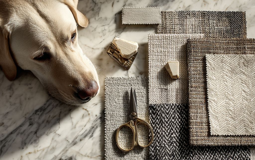 Side-by-side comparison of leather and fabric sofas in elegant interior