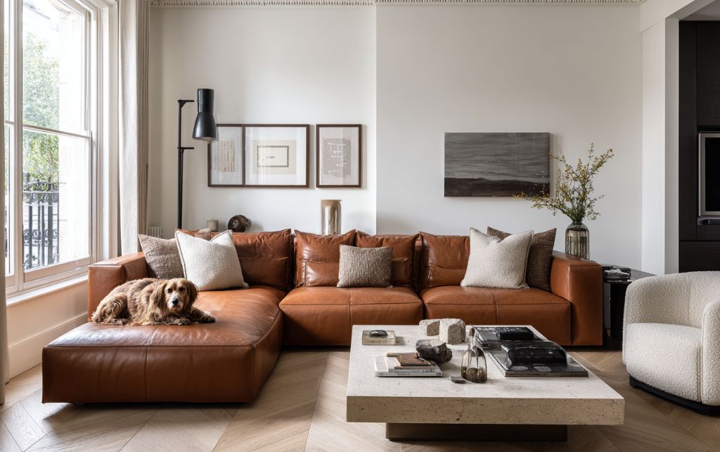 Elegant living room with leather and fabric sofa options for pet owners