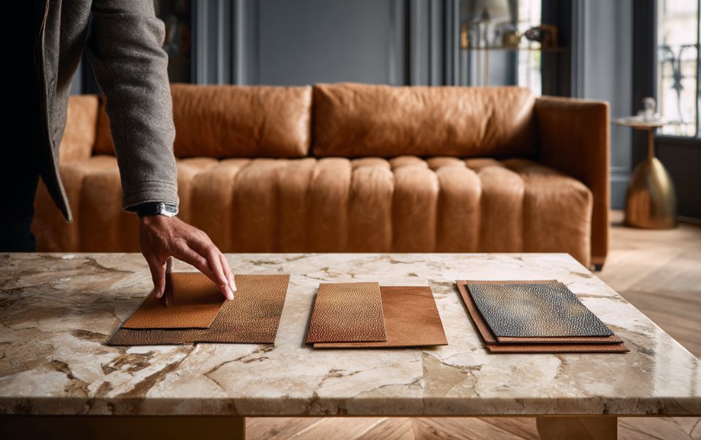 Close-up details of leather and fabric sofa materials