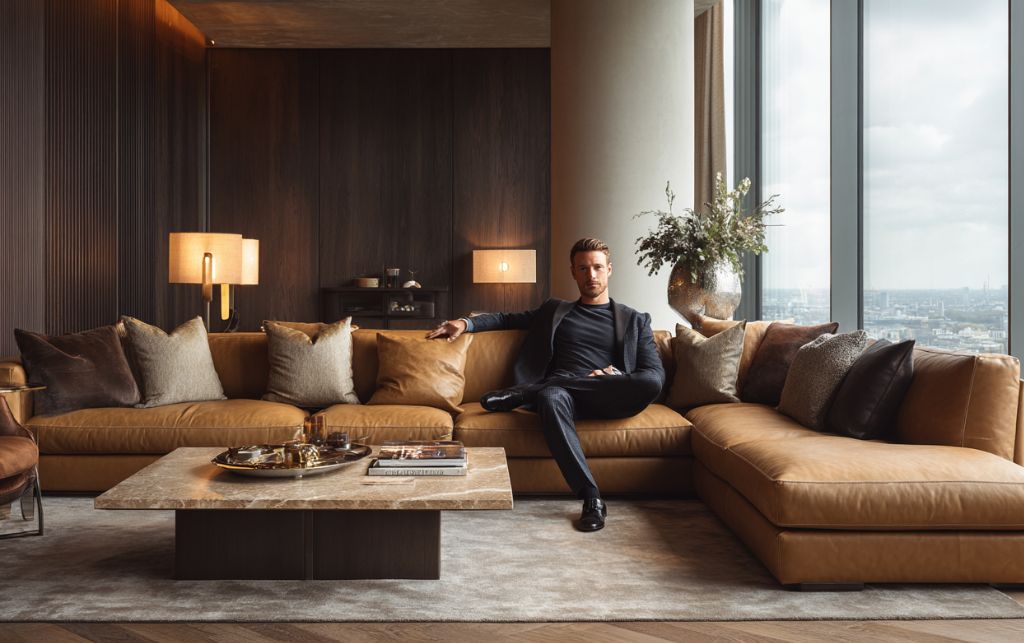 Bachelor's living room featuring leather and fabric sofa options